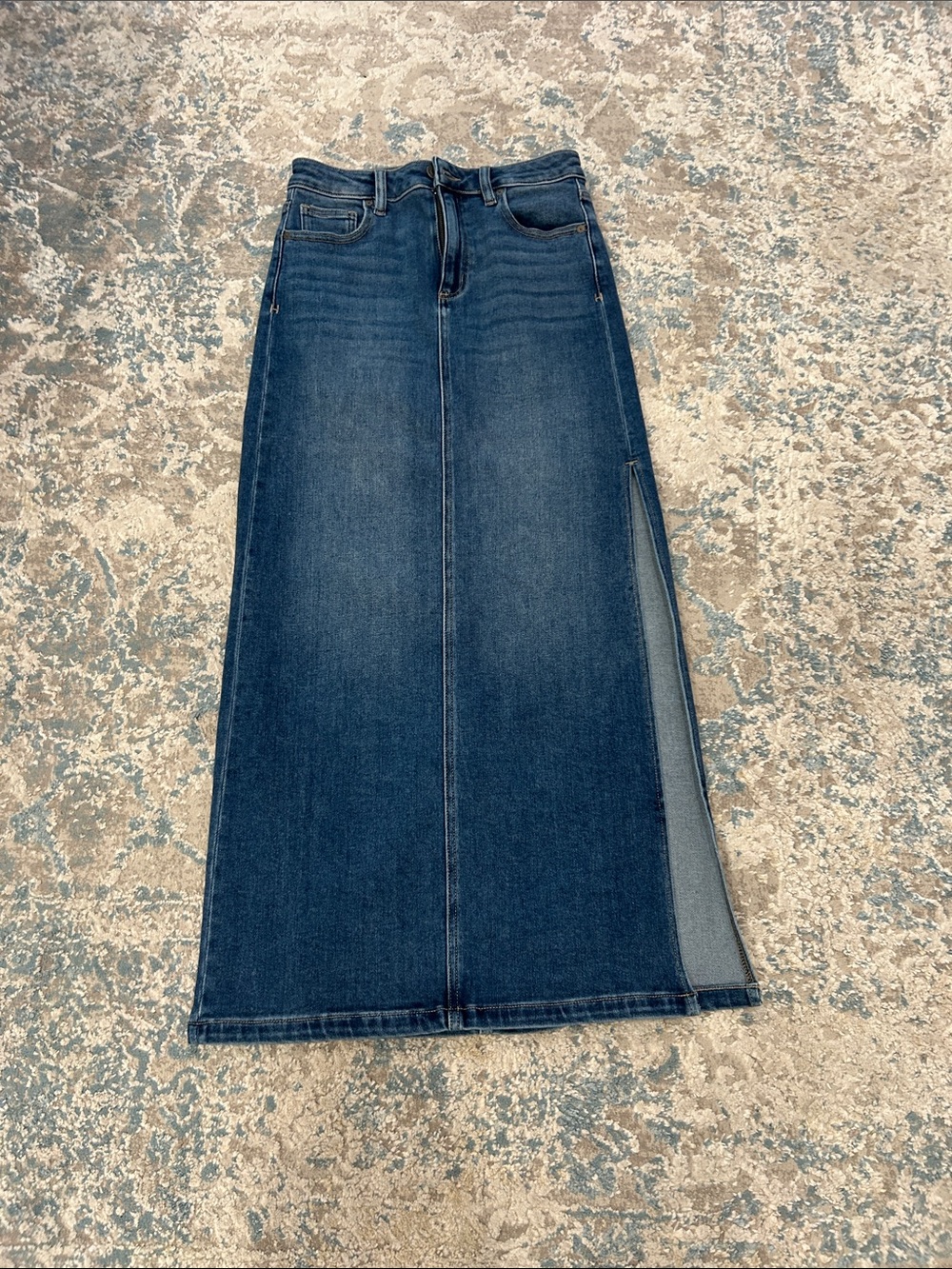 Hidden Peyton Dark Wash Denim Maxi Skirt with Side Slit